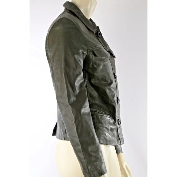 Zadig & Voltaire Liam Green Leather Button Down Collared Jacket Size XS